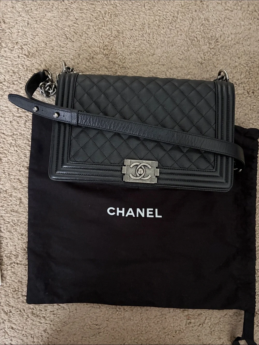 CHANEL Black Quilted Large Boy Messenger Bag with Ruthenium Hardware